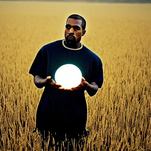 Prompt: an extreme wide shot of a Kanye West holding a glowing white orb standing in a field of dead grass next to a lake, far away, vintage photo, film grain, cold