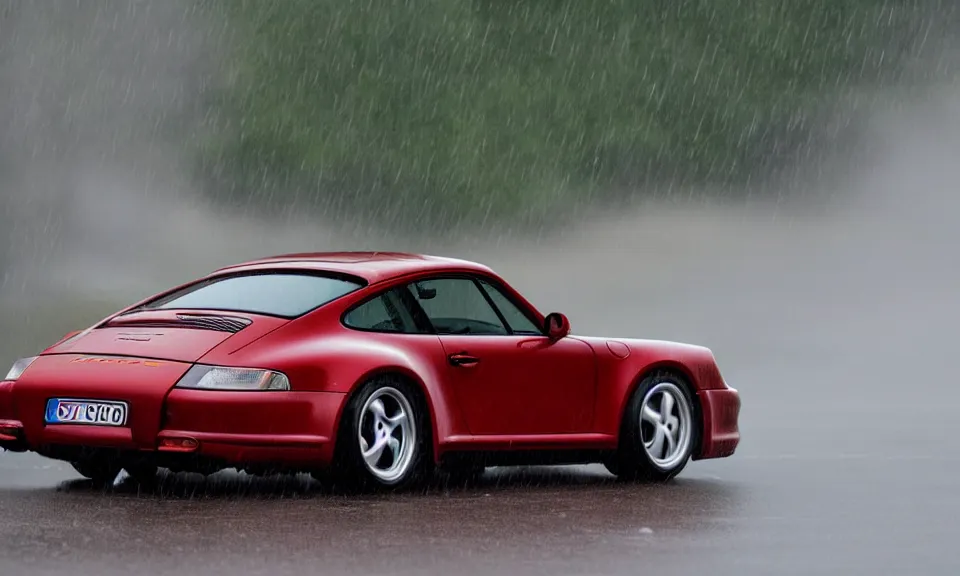 Prompt: photo of a porsche 9 1 1 driving fast in the rain