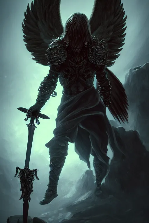 Image similar to fantasy art, fallen man angel kneeling with a sword and shield and wings, close-up, bokeh. dark art masterpiece artstation. 8k, sharp high quality illustration in style of Jose Daniel Cabrera Pena and Leonid Kozienko, Tooth Wu, studio lighting