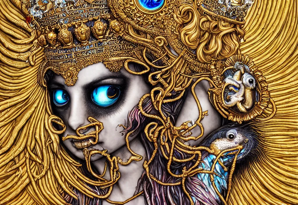 Prompt: isis goddess macro close - up portrait with extremely detailed crown made of ram skull dripping gold + betta fish + jellyfish, in the style of james jean, bioluminiscent, plasma, wind, creature