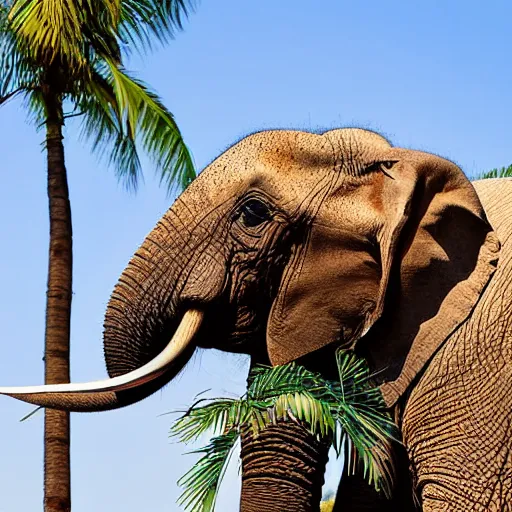 Prompt: an elephant sitting on a large spotted egg in a nest on top of a palm tree, nature photography