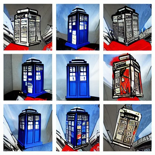 Prompt: collage of the TARDIS from Doctor Who by Sandra Chevrier