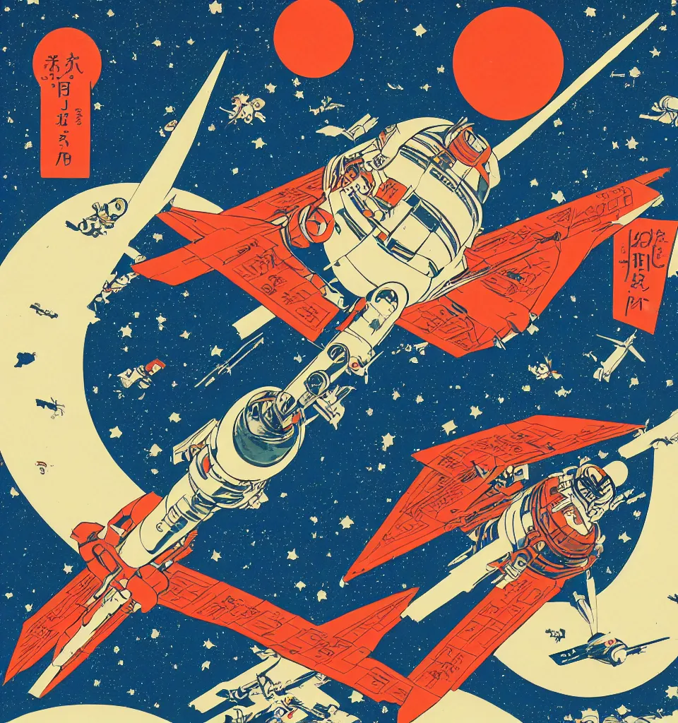 Prompt: a propaganda style poster for space travel. in the style of Ukiyo-e, and Shepard Fairey, .