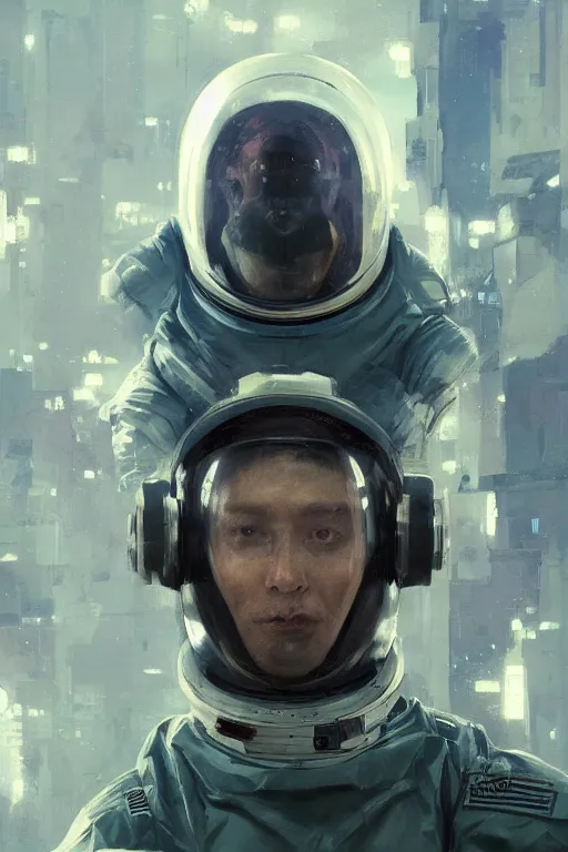 Image similar to portrait of an astronaut wearing a really cool and futuristic space helmet and stylish spacesuit, cyberpunk aesthetic by craig mullins, ruan jia, kentaro miura, greg rutkowski