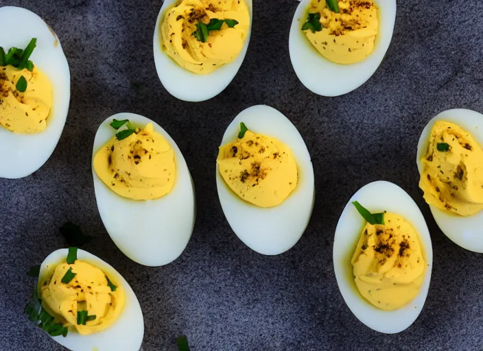 Image similar to dslr food photograph of a deviled eggs, 8 5 mm f 1. 8