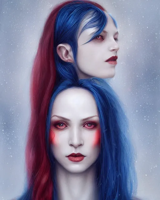 Image similar to A detailed matte oil on canvas head on symmetrical portrait of a beautiful distinguished elven woman with split red and blue hair on an empty background, by Charlie bowater, Wlop, trending on artstationhd, dungeons and dragons art, parted hair , half blue, half red , split dye, critical role