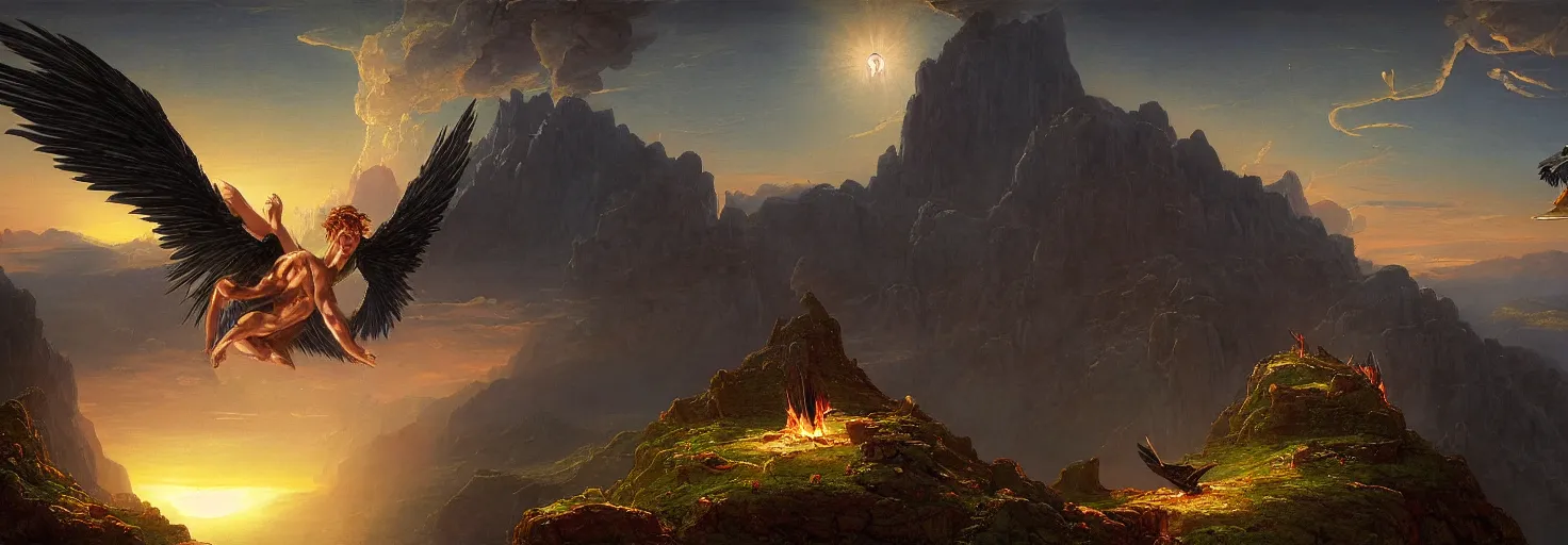 Image similar to Icarus with his wings on fire crashed and burned on the side of a mountain while Daedalus bows his head in disbelief from his workshop in the mountains below. in the style of a surreal and awe-inspiring thomas cole and bruce pennington digital art panorama landscape painting at sunset. unreal engine, 4k, matte, exquisite detail