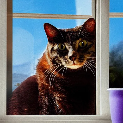 Image similar to photo of a cat watching martian landscape inside a window next to a bowl with cat food