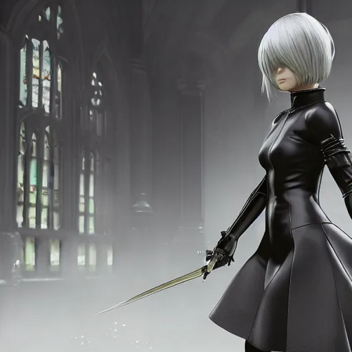 Prompt: 2B nier automata standing in front of a church, detailed, artstation, concept art, Unreal Engine 5 render, 8K