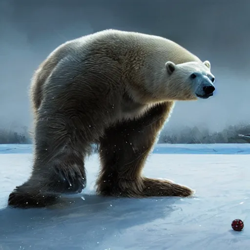 Prompt: polar bear playing hockey, intricate, sharp focus, illustration, highly detailed, digital painting, concept art, matte, art by ruan jia and wlop and greg rutkowski, masterpiece