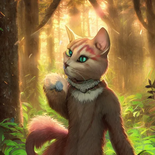 Image similar to character portrait of the anthro anthropomorphic cat head animal person fursona standing in the bright forest, hidari, color page, tankoban, 4 k, tone mapping, akihiko yoshida