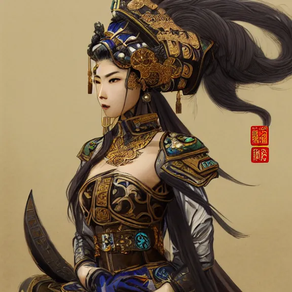 Image similar to ancient chinese princess with steampunk mask, dynasty warriors, headshot, elegant, unreal engine, 8 k, blue color scheme, headshot, highly detailed, smooth, ink painting, artstation, concept art, in style of yoji shinkawa, pan ren wei, col price, atey ghailan, by greg rutkowski, aesthetic