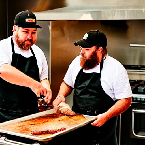 Prompt: rick and porky cooking a brisket, filmic, cinematographic