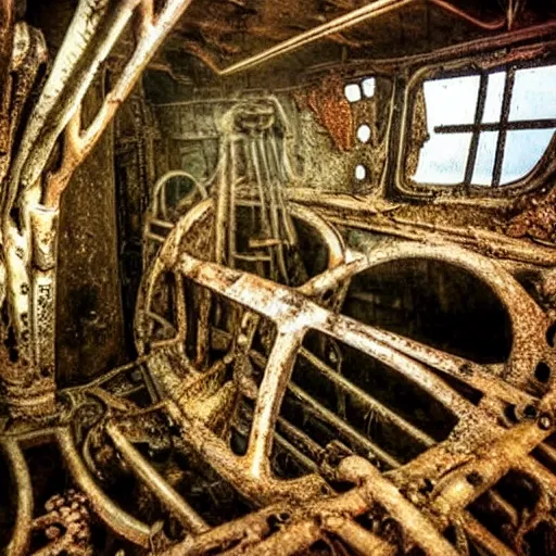 Image similar to inside of a rusty shipwreck, underwater, creepy, horror, eerie, scary,