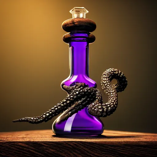 Image similar to hyper realistic and higly detailed deadly poison bottle, purple liquid inside on a design medieval wood table. the bottle is designed like a trendy perfume bottle. background is a laboratory complex architecture mossy stone pilars. professional digital art, dnd style, ultra detailed, trending on artstation, concept art, octane render, unreal engine 5, 8 k rendering.