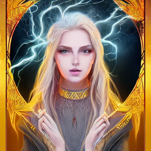 Prompt: a human wizard casting a spell, female, auburn and blonde two toned hair, crackling blue lightning, fantasy, d & d, intricate, elegant, highly detailed, digital painting, artstation, concept art, matte, sharp focus, illustration, in the style of magic the gathering