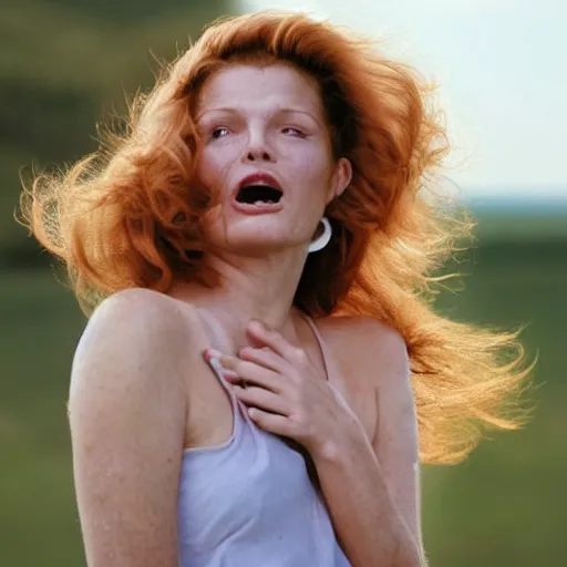 Prompt: natural 8 k close up shot from a 2 0 0 5 romantic comedy by sam mendes of rita hayworth crying with freckles, natural skin and beauty spots. she stands and looks on the horizon with winds moving her hair. fuzzy blue sky in the background. no make - up, no lipstick, small details, wrinkles, natural lighting, 8 5 mm lenses, sharp focus