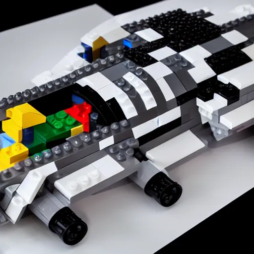 Prompt: a spaceship made out of legos, studio lighting, 8 k, hd, white background