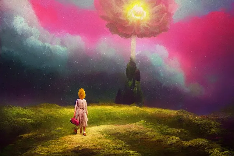 Image similar to giant dahlia flower as a head, girl walking on mountain, surreal photography, stars, dramatic light, impressionist painting, storm clouds, digital painting, artstation, simon stalenhag