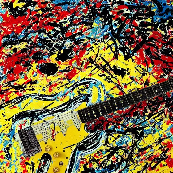 Prompt: “Fender Stratocaster painted by Jackson Pollock.”