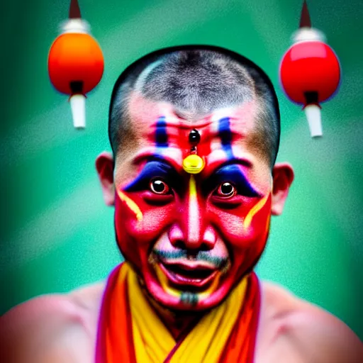 Prompt: photorealistic portrait photograph of a crazy buddhist monk with painted face as in peking opera and rastafarian rainbor color hair with spikes and rings in pierced face ears and nose like punks