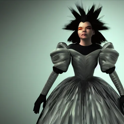 Image similar to Bjork as a Square Enix Villain 2005 JRPG cinema 4d render, Ray tracing reflection, natural lighting, Unreal Engine award winning photography