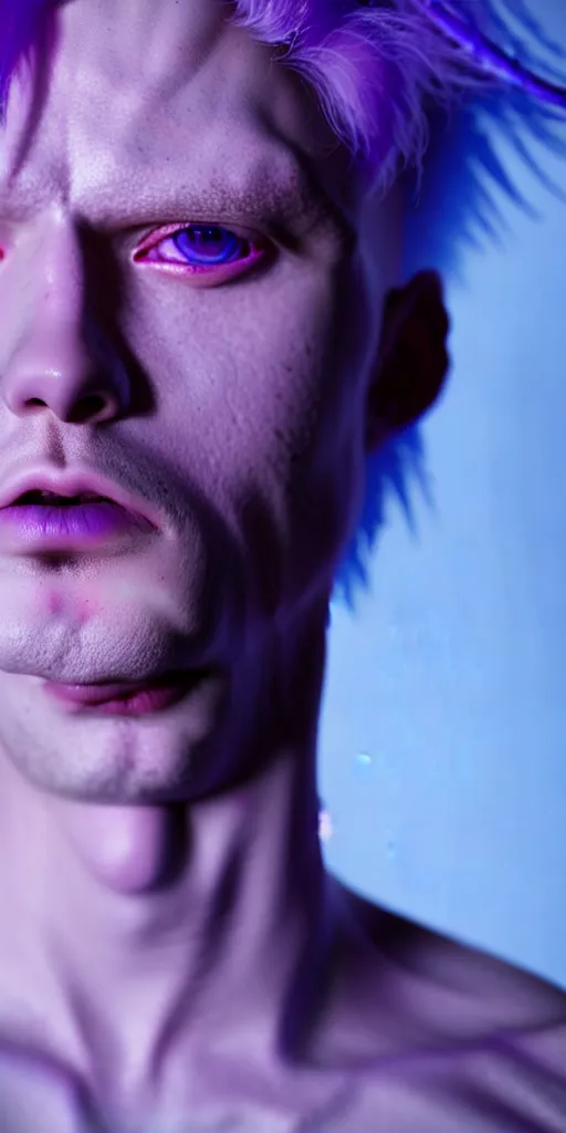 Image similar to hyperrealistic close-up of beautiful albino man with purple hair and pearlescent blue skin james paick machiej kuciara dramatic neon lighting on one side wide angle 35mm shallow depth of field