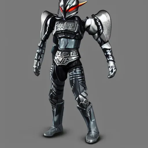 Prompt: High Fantasy Kamen Rider with a Mini Figure Gimmick, glowing eyes, moody colors, rock quarry daytime, grey rubber undersuit, segmented armor, Guyver Dark Hero