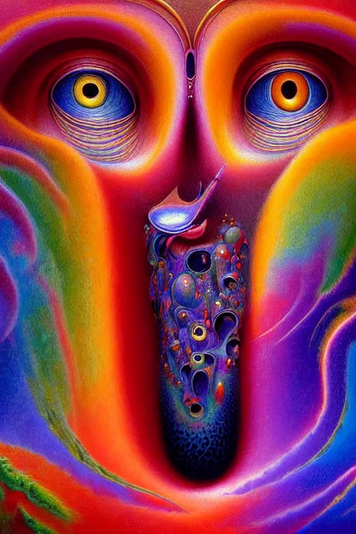 Image similar to hyperrealistic abstract close-up Renaissance psychedelic!! celestial happy! pure creature!! peaceful! kind spirit of nature! beautiful fractal!! eyes! highly detailed concept art eric zener elson peter cinematic hard rainbow lighting high angle hd 8k sharp shallow depth of field endless, inspired by Zdzisław Beksiński Salvador Dali