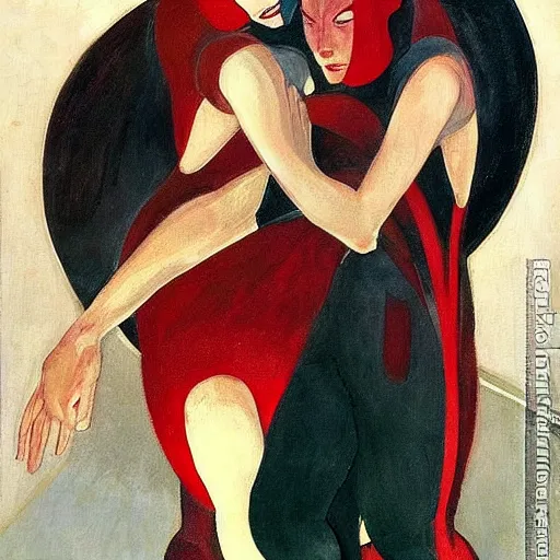 Image similar to by frank miller, by zinaida serebriakova maroon soothing. a performance art of two people, one a demon & the other a human, fighting each other with swords.