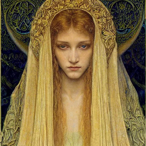 Image similar to detailed realistic beautiful young medieval queen face portrait by jean delville, art nouveau, symbolist, visionary, gothic, pre - raphaelite