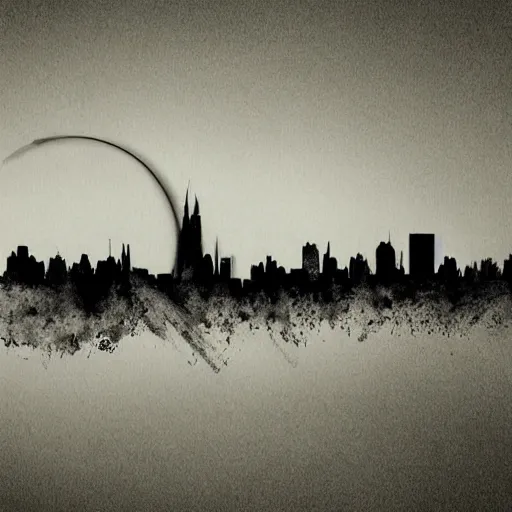 Image similar to a perfect circle where the inside is empty blank space and around the outer edge of the circle is the silhouette of a city skyline, black and white, minimalist, in the style of a line drawing