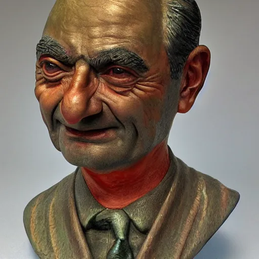 Prompt: hyper realistic closeup bust of a new england fisherman, mr. bean, painted, colorized, bossons vintage chalkware, by emile renouf