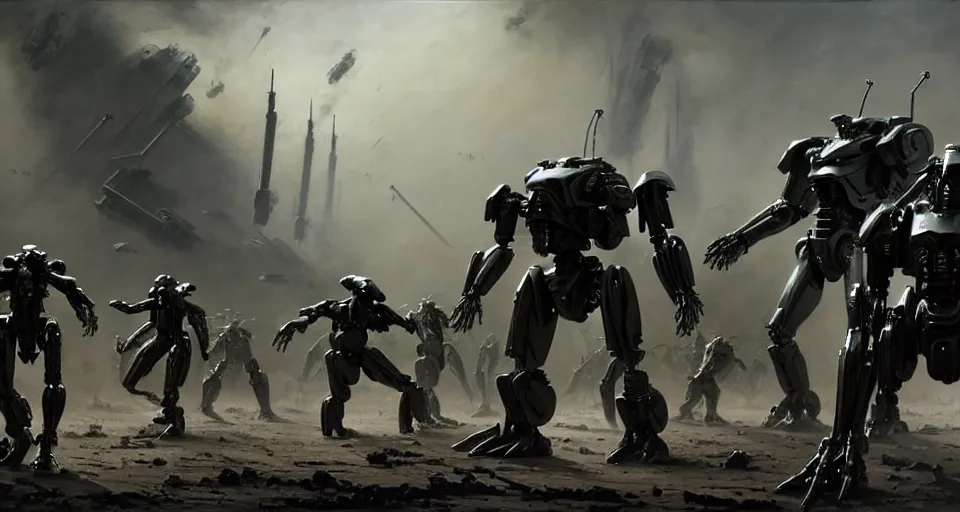 Image similar to hyper realistic sci - fi matte concept art painting of dramatic cinematic battle scene between humanoid zombie - battlemechs of flesh fighting, guns, missiles, explosions, beautiful details, strong composition painted by kim jung guweta studio rutkowski, james gurney and greg rutkowski, and lucasfilm, smooth, intricate, detailed, sharp focus, cinematic