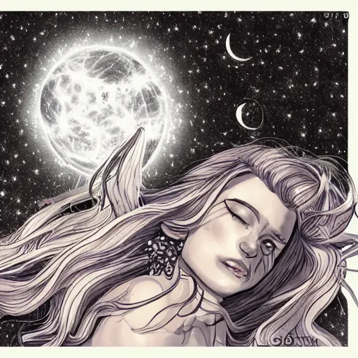 Image similar to 🛌🌘🌌🪐, dream weaver, artstation, digital art, pencil illustration, comic art