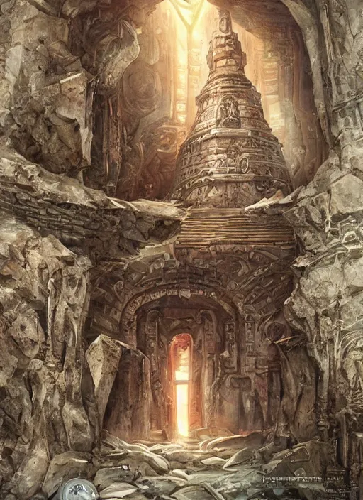 Prompt: a towering stone obelisk covered with strange ancient mechanisms, in an ancient vault, stone pillars, fantasy digital painting, stunning intricate details, torch lighting, artwork by ross tran, artgerm