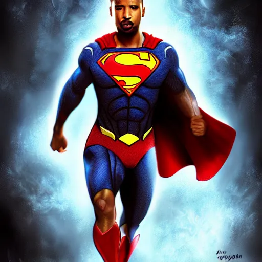 Image similar to michael b jordan as superman, digital painting, extremely detailed, 4 k, intricate, brush strokes, mark arian, artgerm, bastien lecouffe - deharme