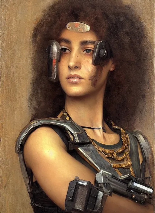 Prompt: buff Maria. beautiful cyberpunk soldier wearing a military vest and military gear (cyberpunk 2077). gorgeous face and afro. Iranian orientalist portrait by john william waterhouse and Edwin Longsden Long and Theodore Ralli and Nasreddine Dinet, oil on canvas. Cinematic, hyper realism, realistic proportions, dramatic lighting, high detail 4k