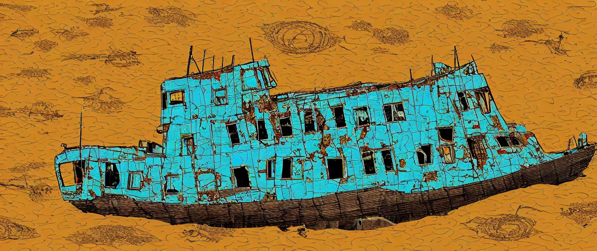 Image similar to an abandoned ship in the aral sea desert, in the style of daniel johnston and outsider art, 8 k, line brush, overlaid with chinese adverts