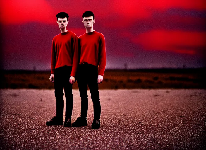 Image similar to cinestill 5 0 d closeup photographic portrait of two clones in front of a brutalist metal building, on a desolate plain, red sky, black oversized clothes, depth of field, 4 k, 8 k, hd, full color