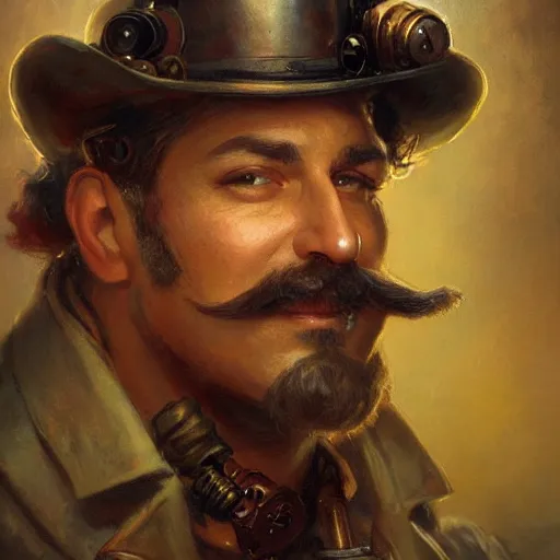 Image similar to a steampunk craftsman, burly with moustache, character portrait by greg rutkowski, gaston bussiere, craig mullins