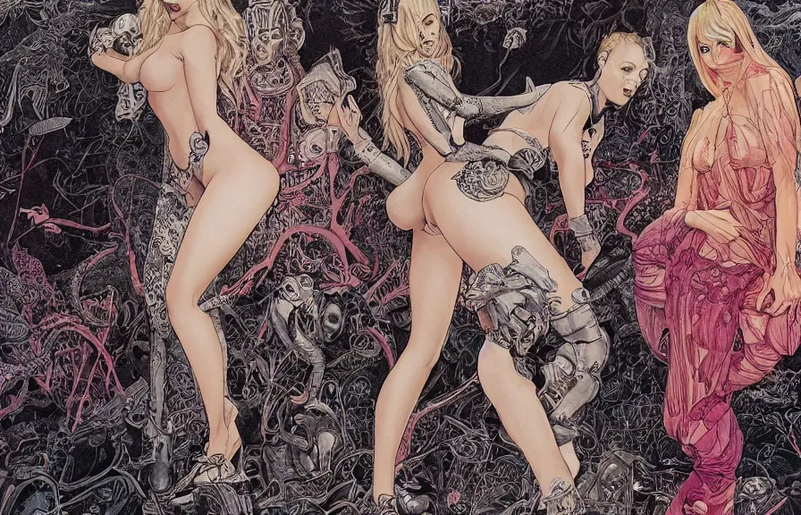 Prompt: mia malkova and rachael riley chatting making an adult film, style drawn by vania zouravliov and takato yamamoto, inspired by cyberpunk, intricate acrylic gouache painting, high detail, sharp high detail, artstation