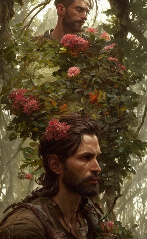 Image similar to god of the forest, 3 0 years old, rugged, male, gorgeous, detailed face, amazing, full body, flowers, muscular, intricate, highly detailed, digital painting, artstation, concept art, sharp focus, illustration, art by greg rutkowski and alphonse mucha