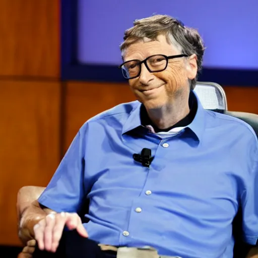 Image similar to Bill Gates, wearing a blue shirt and a white hat, investing in a company, in Shark Tank (2016)