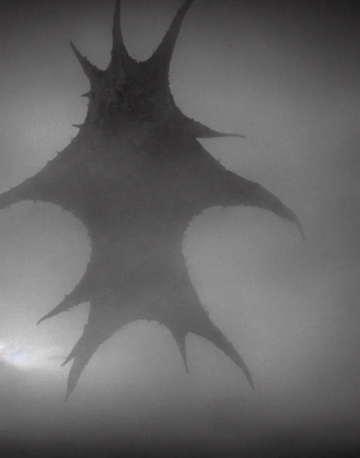 Prompt: very low - resolution found footage of a kaiju starfish monster, fog, foggy, korean film noir, monochrome, red hue, thriller, underdeveloped, epic, dramatic