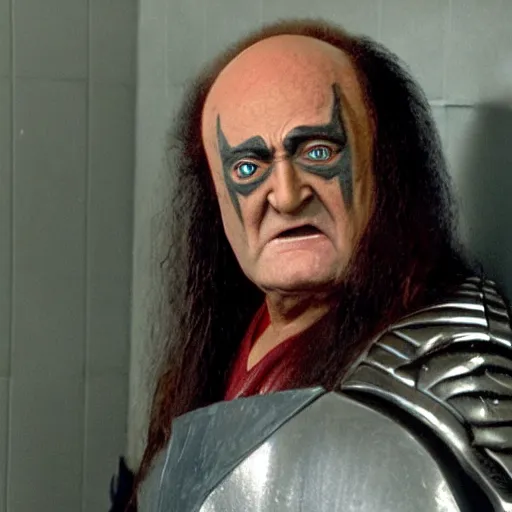 Prompt: The character known as Gowron the Klingon, in full Klingon theatrical makeup and Klingon uniform standing in a dingy gas station bathroom stall near the toilet, kneeling and looking at a small hole carved into the stall wall