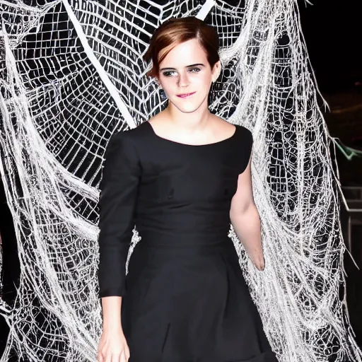 Prompt: emma watson suspended from and stuck in a giant spider web