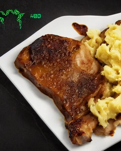 Image similar to porkchops and mashed potatos on the new razer gaming LED plate, HD, trending on artstation, instagram post, LED