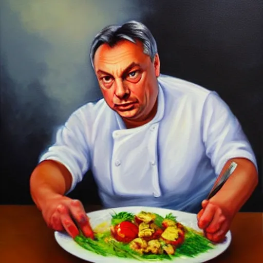 Prompt: viktor orban cooking, oil painting