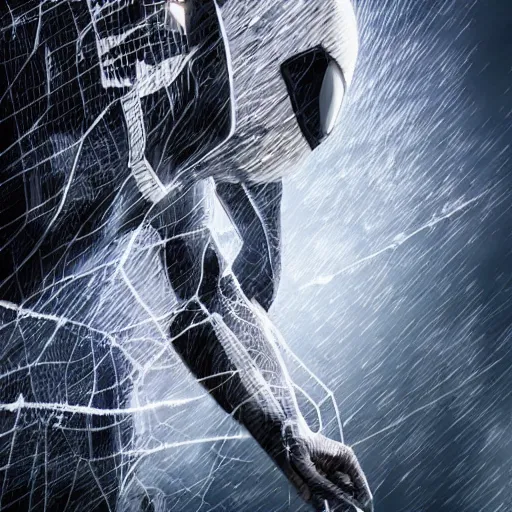 Image similar to white spider - man suit with black web lining, cinematic, volumetric lighting, realistic, hyperdetailed, photorealistic, photograph